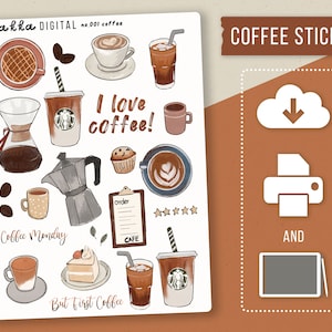 coffee stickers printable pdf | aesthetic digital stickers planner | drinks journal sticker | coffee clip art |  silhouette and cricut