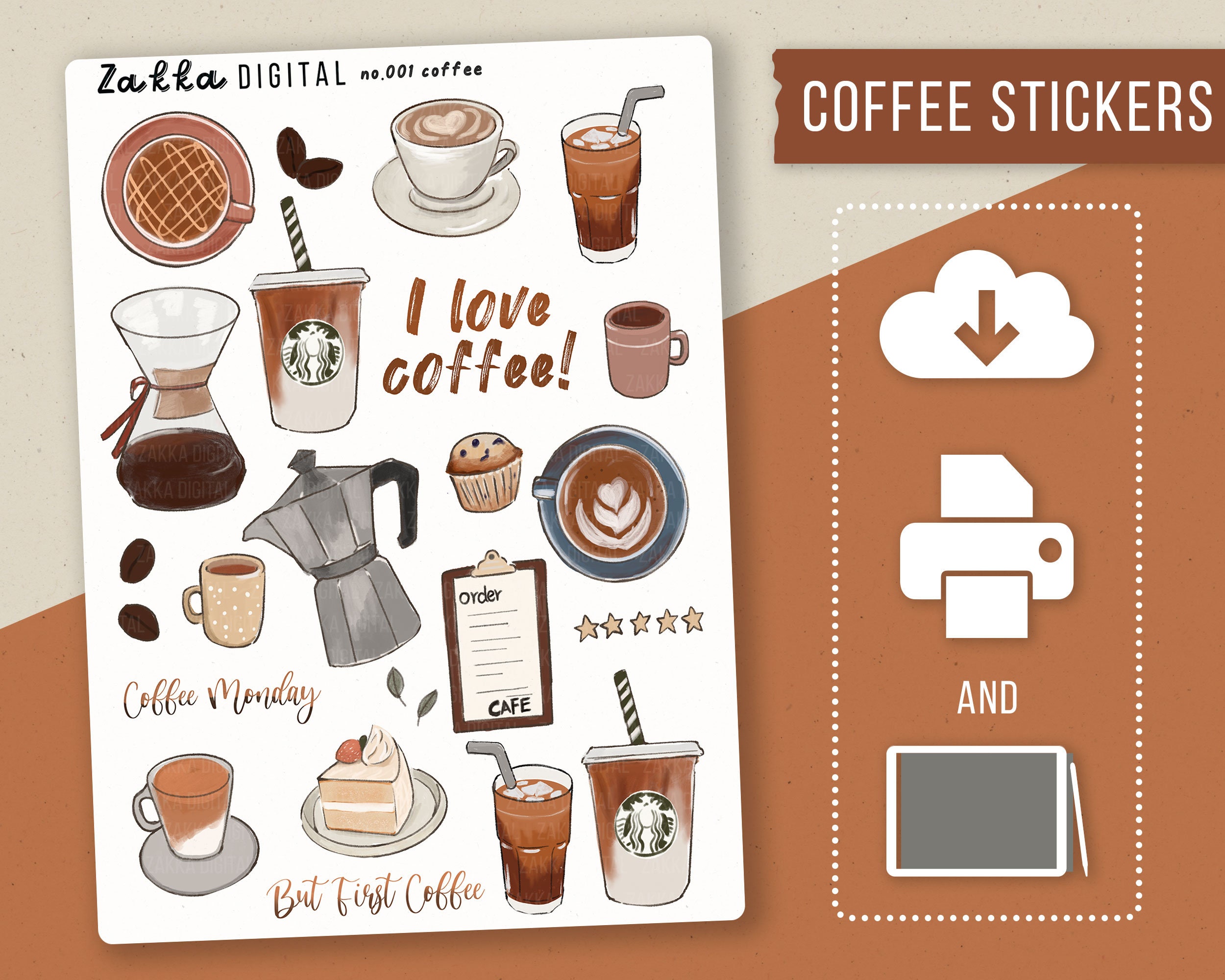 coffee stickers printable pdf aesthetic digital stickers
