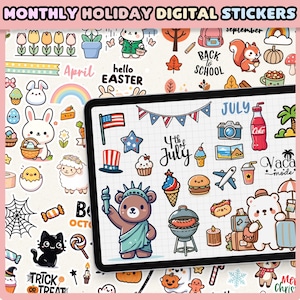 Monthly holiday Goodnotes stickers | cute digital note stickers | July | July 4th | kawaii| animal| | sticker bundle |independent day