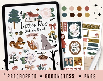 Goodnotes Stickers floral | cute hand drawn digital stickers | woodland | little red riding hood | squirrel|wolf | forest | mushroom| PNG