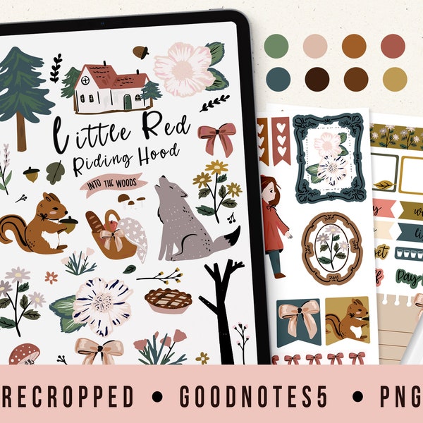 Goodnotes Stickers floral | cute hand drawn digital stickers | woodland | little red riding hood | squirrel|wolf | forest | mushroom| PNG