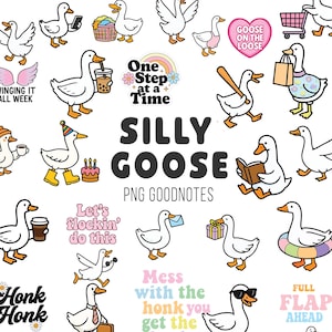 Digitalt klistermärke med fåniga gås, Goodnotes, PNG-clipart, utskrivbara, stansade klistermärken, scrapbooking, rolig sublimeringsdesign, nedladdning, Cricut bild 1