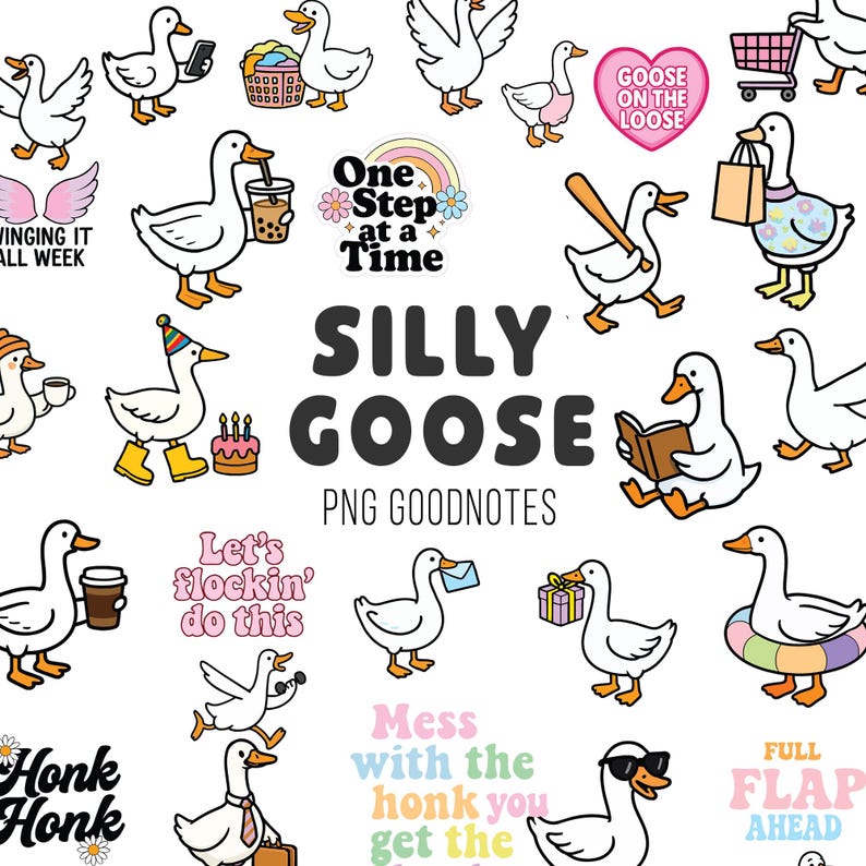 Digitalt klistermärke med fåniga gås, Goodnotes, PNG-clipart, utskrivbara, stansade klistermärken, scrapbooking, rolig sublimeringsdesign, nedladdning, Cricut bild 1