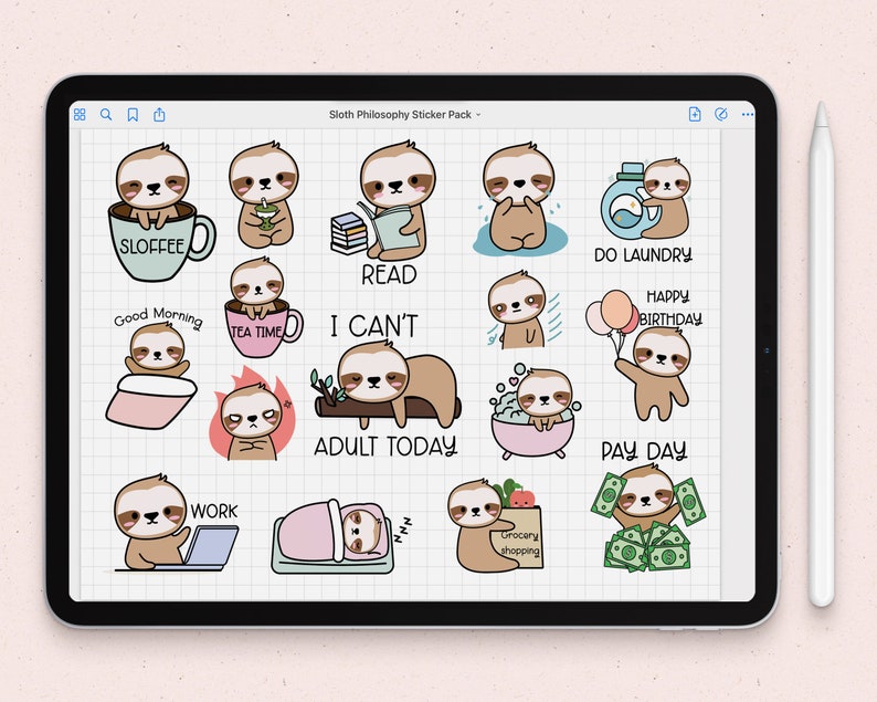 Sloth Taking Notes Sloth Emoti Goodnotes Stickers |kawaii Digital Stickers Character ...