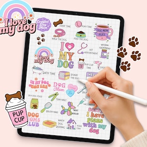 May include: A digital illustration on a tablet featuring dog-themed stickers. The stickers include phrases like "I love my dog," "Dog Mom," and various dog-related icons such as paw prints, a dog house, and a bone. A hand holding a stylus is also visible.