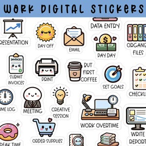 May include: A set of 18 digital stickers featuring cute illustrations of work-related activities, such as data entry, submitting invoices, and having a meeting. The stickers are in a cartoon style and feature bright colours.