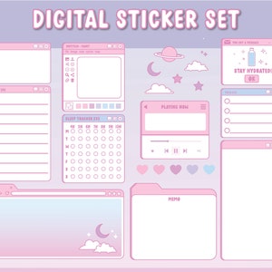May include: A digital sticker set with a pink and blue color scheme. The stickers feature various designs, including a sleep tracker, a memo, a music player, a to-do list, and a reminder to stay hydrated. The stickers are designed to look like computer windows.