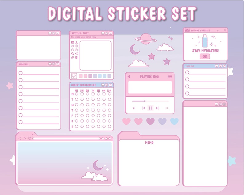 May include: A digital sticker set with a pink and blue color scheme. The stickers feature various designs, including a sleep tracker, a memo, a music player, a to-do list, and a reminder to stay hydrated. The stickers are designed to look like computer windows.