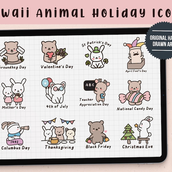 Goodnotes Stickers | Kawaii Animal Holiday Digital Stickers | Notability Stickers | Calendar stickers | Monthly stickers | Precropped PNG