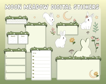 spring moon meadow overlay digital stickers| bunny Goodnotes sticker| April stickers| flowers | green | kawaii cute | PNG| widget| aesthetic