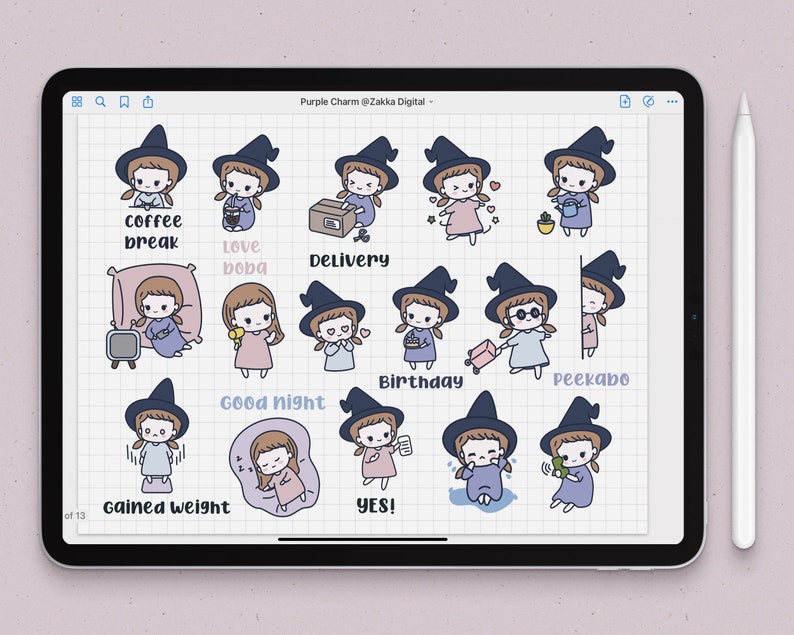 Cute Girl Digital Sticker Pack |purple Goodnotes Stickers | Charm ...