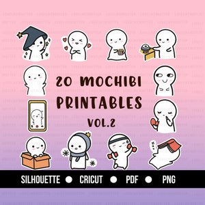 May include: A set of 20 printable stickers featuring cute, white, cartoon characters with different expressions and activities. The stickers are labelled "20 Mochibi Printables Vol. 2" and include file formats for Silhouette, Cricut, PDF, and PNG.