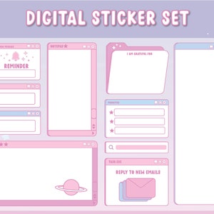 May include: A set of digital stickers in a pastel pink and blue color scheme. The stickers are designed to look like computer windows and include text such as "Reminder", "Notepad", "I am grateful for", "Priorities", "Task.exe", and "Reply to new emails".