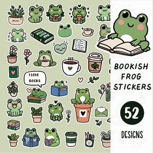 Bookish Frosch digitale Aufkleber | Buch Liebhaber Goodnotes Aufkleber | Emoji Aufkleber | Kaffee | Baumwollkern | | niedlich | süßes Kawaii niedliches Mädchen Notizzettel
