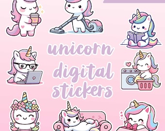 Unicorn digital stickers | Unicorn goodnotes stickers | emoji stickers | work | chore | excersize | cute | kawaii |clip art| noteshelf | PNG