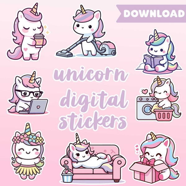 Unicorn digital stickers | Unicorn goodnotes stickers | emoji stickers | work | chore | excersize | cute | kawaii |clip art| noteshelf | PNG