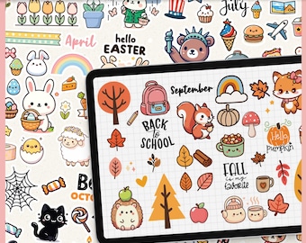Månatliga Goodnotes-klistermärken för högtider | söta digitala anteckningsklistermärken | höst | oktober | kawaii | djur | | klistermärkespaket | jul
