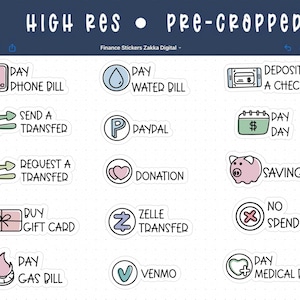 May include: A set of 14 colorful stickers with illustrations and text related to personal finance. The stickers include images of a phone, water drop, piggy bank, calendar, gift box, fire, check mark, and a heart. The text on the stickers includes "Pay Phone Bill", "Pay Water Bill", "Deposit a Check", "Send a Transfer", "Request a Transfer", "Payday", "Savings", "Buy Gift Card", "Pay Gas Bill", "Zelle Transfer", "Venmo", "Donation", "No Spend", and "Pay Medical Bill".