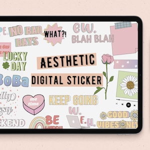 Puede incluir: Un conjunto de pegatinas digitales con una variedad de diseños coloridos y divertidos, que incluyen una rosa, una margarita, un corazón, un arcoíris, una computadora portátil y texto que dice "Pegatina digital estética".