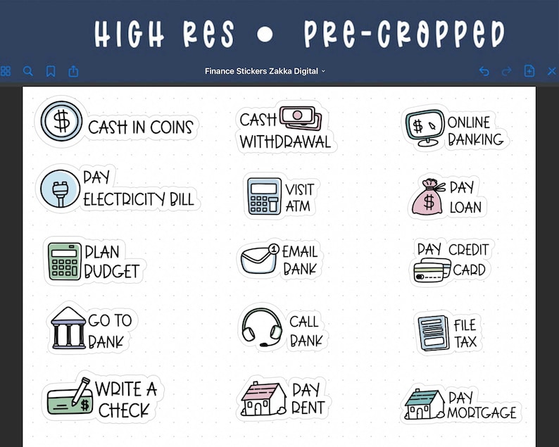 May include: A set of 12 colorful digital stickers featuring illustrations of various financial activities, such as paying bills, going to the bank, and managing finances. The stickers are designed in a doodle style with a white background and black outlines.