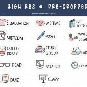 K&ouml;nnte beinhalten: Ein Set mit 15 Studenten-Stickern mit Illustrationen und Text. Die Sticker sind wei&szlig; mit schwarzen Umrissen und zeigen verschiedene Designs, darunter eine Graduation Cap, eine Kaffeetasse, ein Buch, eine Uhr und ein Reagenzglas. Der Text auf den Stickern enth&auml;lt S&auml;tze wie "Graduation", "Midterm", "Coffee Break", "Study Group" und "Lab".