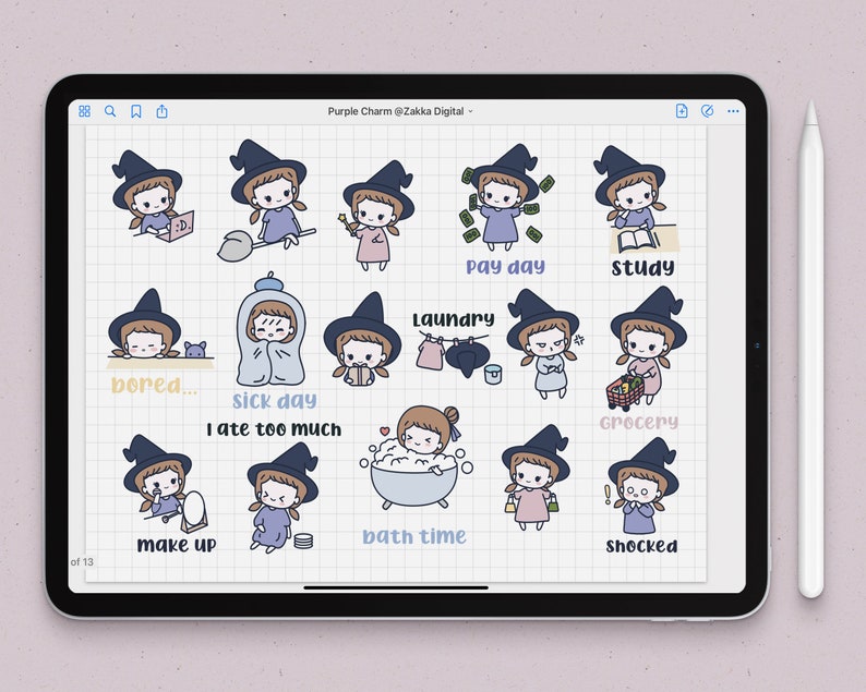 Cute Girl Digital Sticker Pack |purple Goodnotes Stickers | Charm ...