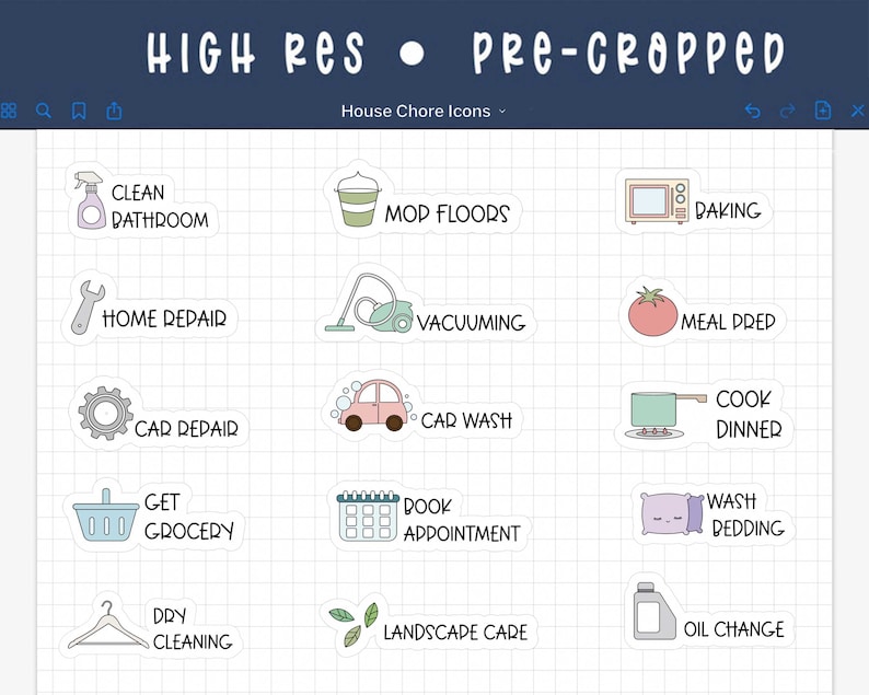 May include: A set of 12 colourful stickers with illustrations and text for household chores. The stickers include chores like cleaning the bathroom, mopping floors, vacuuming, car wash, getting groceries, booking appointments, landscape care, baking, meal prep, cooking dinner, washing bedding, and oil change.