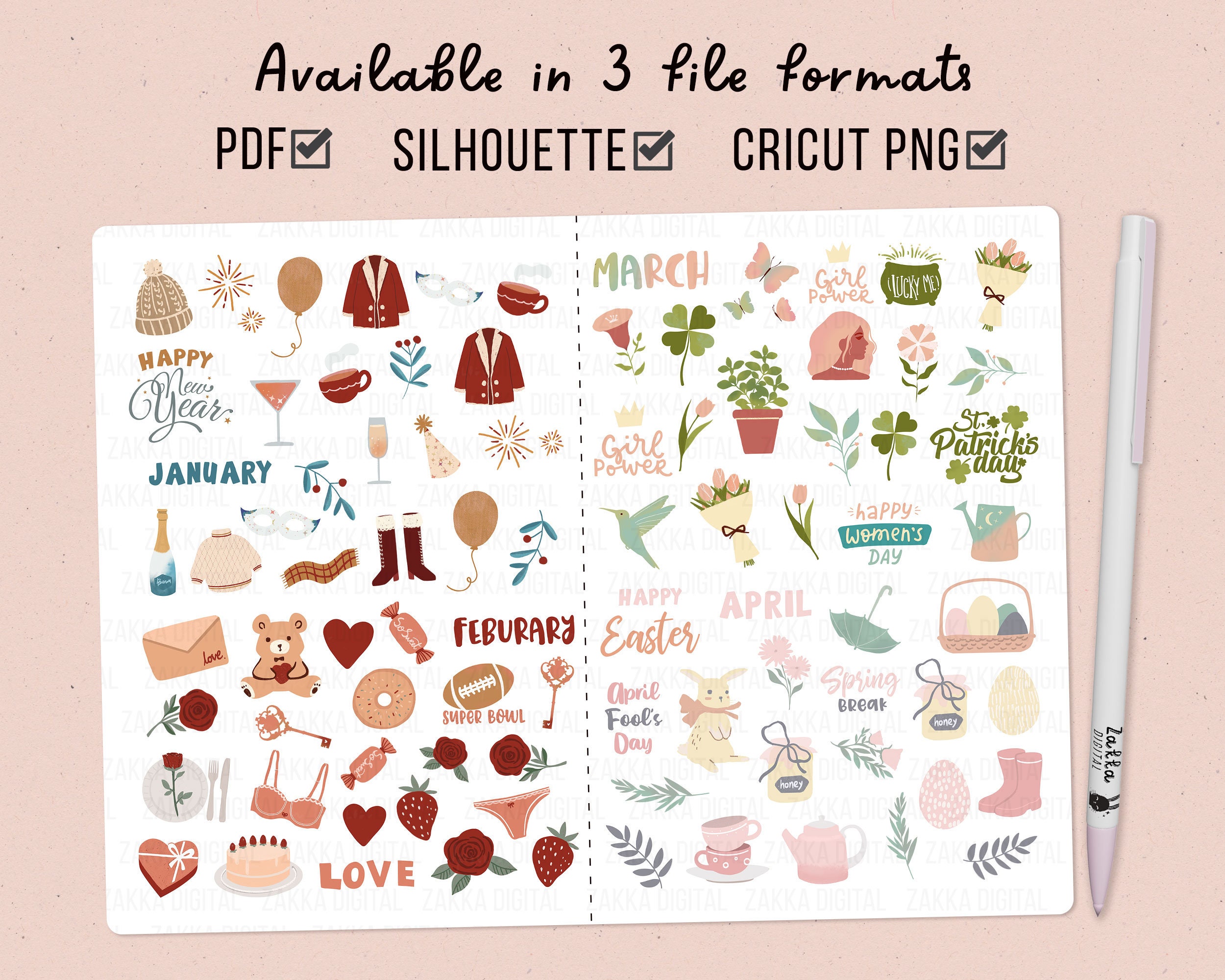 Yearly Holiday Printable Planner Stickers | Printable Journal Stickers ...