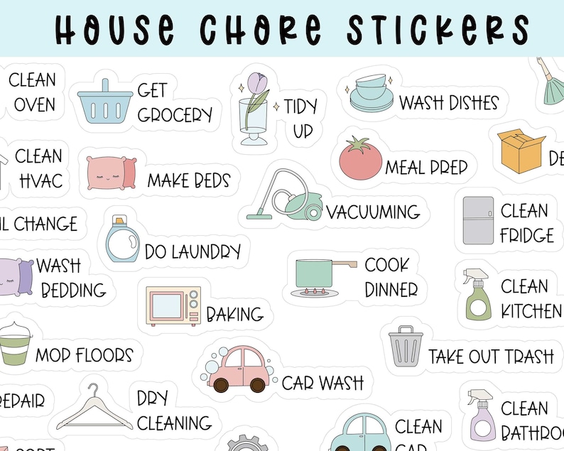 May include: A set of colourful stickers with illustrations and text for different household chores. The stickers include chores like cleaning the oven, getting groceries, tidying up, washing dishes, making beds, doing laundry, baking, mopping floors, taking out the trash, and more.