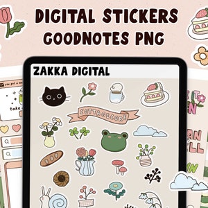 Puede incluir: Un paquete de pegatinas digitales para Goodnotes con ilustraciones de temática cottagecore. Las pegatinas incluyen un gato, una rana, un caracol, un hongo, una flor, un pastel, una taza de café, una nube, una hogaza de pan y mucho más. Las pegatinas son de varios colores, incluyendo rosa, verde, azul y amarillo.