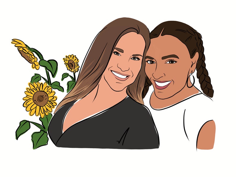Pode incluir: Ilustra&ccedil;&atilde;o digital de duas mulheres sorrindo com girass&oacute;is. Uma mulher tem cabelo castanho comprido e usa um top preto. A outra mulher tem cabelo escuro em tran&ccedil;as e usa um top branco.