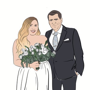 Pode incluir: Ilustra&ccedil;&atilde;o digital de uma noiva e um noivo. A noiva usa um vestido branco sem al&ccedil;as e segura um buqu&ecirc; de rosas brancas e vegeta&ccedil;&atilde;o. O noivo usa um terno escuro, uma gravata azul clara estampada e um len&ccedil;o de bolso branco. Ambos est&atilde;o sorrindo.