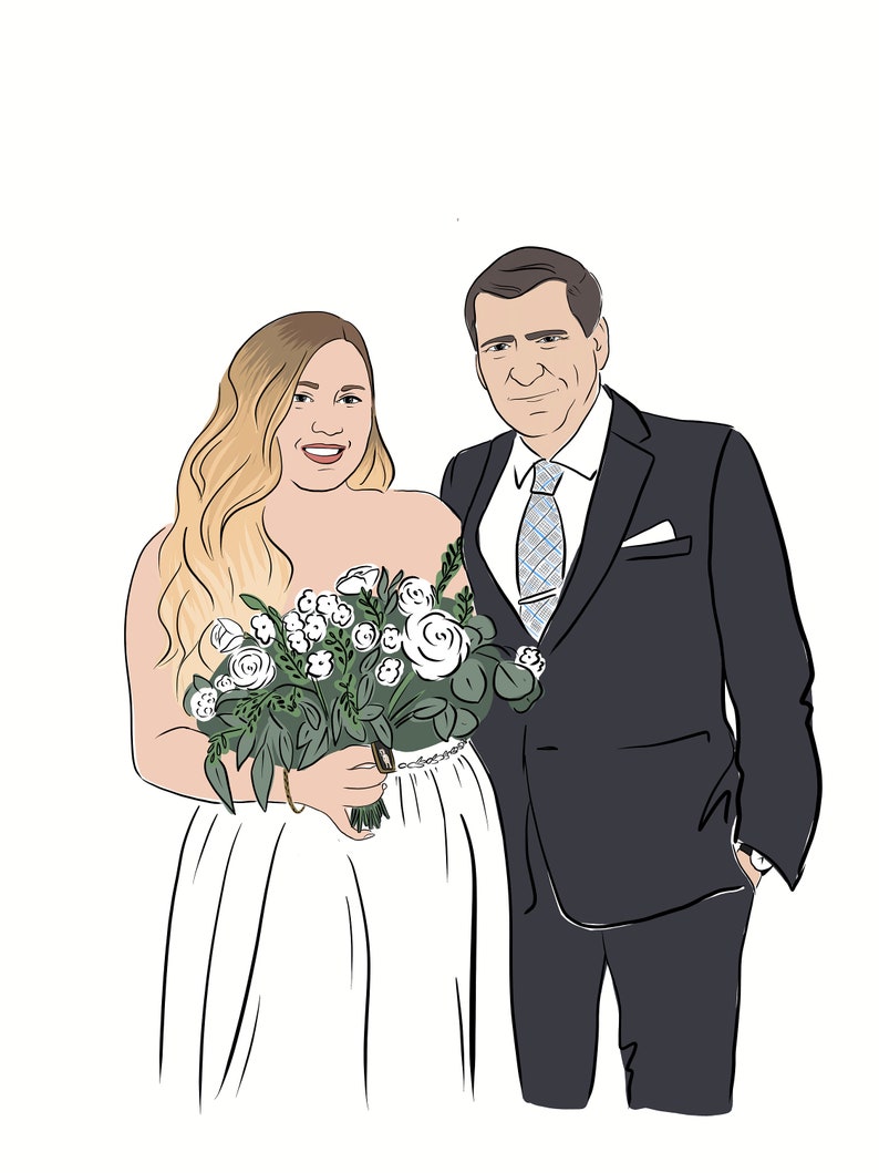 Pode incluir: Ilustra&ccedil;&atilde;o digital de uma noiva e um noivo. A noiva usa um vestido branco sem al&ccedil;as e segura um buqu&ecirc; de rosas brancas e vegeta&ccedil;&atilde;o. O noivo usa um terno escuro, uma gravata azul clara estampada e um len&ccedil;o de bolso branco. Ambos est&atilde;o sorrindo.