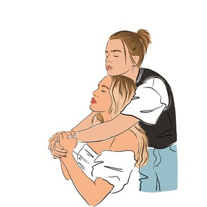 Pode incluir: Ilustra&ccedil;&atilde;o digital de duas pessoas a abra&ccedil;ar-se. Uma pessoa est&aacute; a usar um top branco e a outra um casaco preto e branco e cal&ccedil;as de ganga azuis. Ambos t&ecirc;m os olhos fechados.