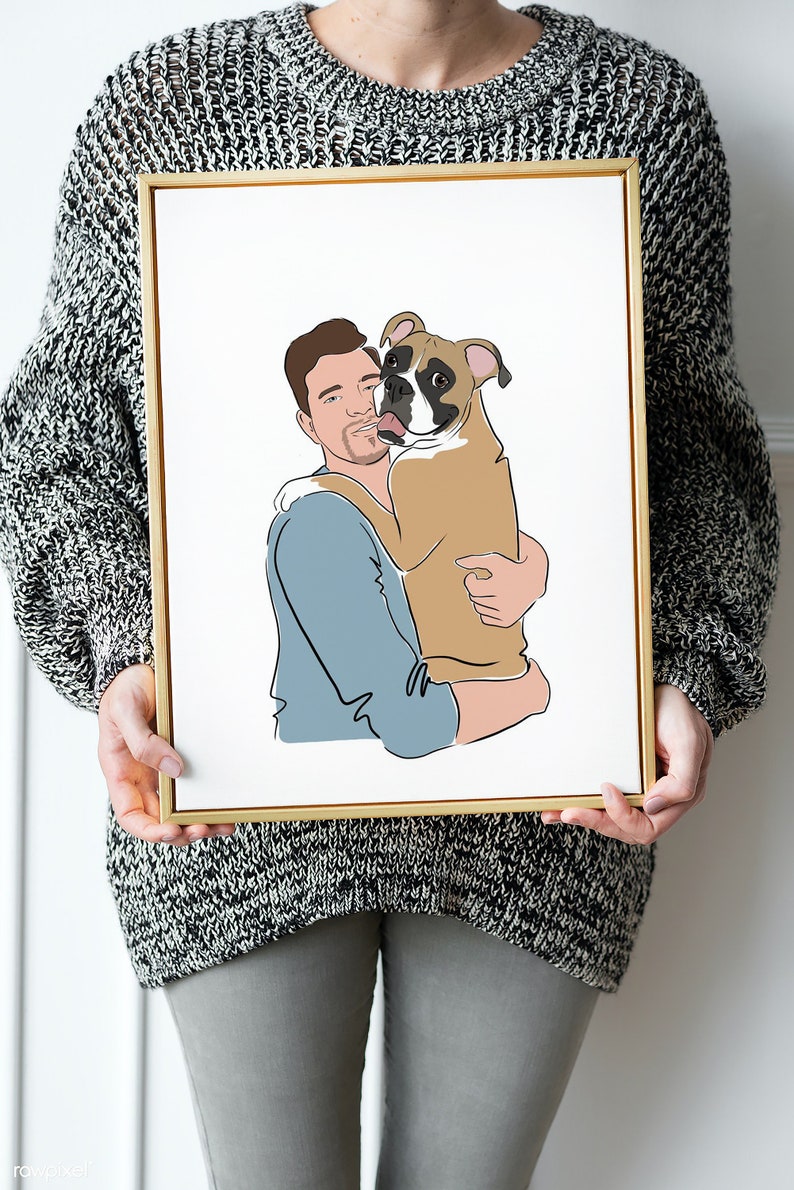 Pode incluir: Uma impress&atilde;o de arte emoldurada com uma moldura dourada, apresentando um desenho linear de uma pessoa abra&ccedil;ando um c&atilde;o Boxer. A pessoa est&aacute; vestindo uma camisa azul e o c&atilde;o &eacute; marrom e branco. O fundo &eacute; branco.