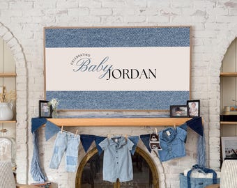 Arte para Chá de Bebê com Tema Blue Jeans e Moldura Samsung para TV – Painel Personalizado (Download Digital)