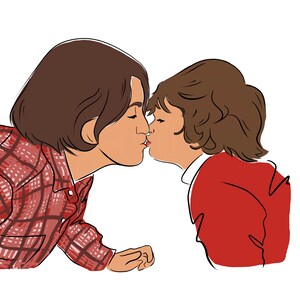 Pode incluir: Ilustra&ccedil;&atilde;o de duas pessoas a beijar-se. Uma pessoa usa uma camisa xadrez vermelha e castanha, e a outra usa um casaco vermelho. Ambas t&ecirc;m cabelo castanho e s&atilde;o retratadas num estilo simples, de linha, sobre um fundo branco.