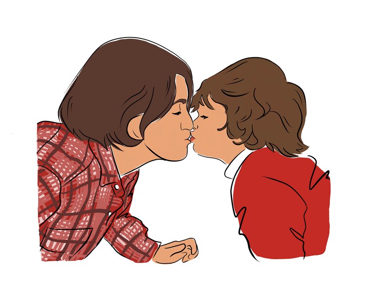 Pode incluir: Ilustra&ccedil;&atilde;o de duas pessoas a beijar-se. Uma pessoa usa uma camisa xadrez vermelha e castanha, e a outra usa um casaco vermelho. Ambas t&ecirc;m cabelo castanho e s&atilde;o retratadas num estilo simples, de linha, sobre um fundo branco.