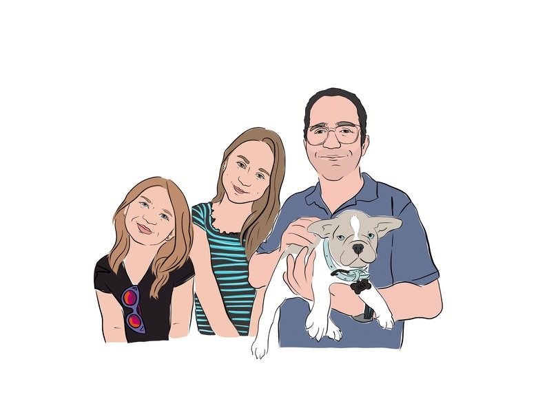 Pode incluir: Ilustra&ccedil;&atilde;o digital de uma fam&iacute;lia de tr&ecirc;s com um c&atilde;o pequeno. A fam&iacute;lia &eacute; composta por duas mulheres jovens e um homem segurando um c&atilde;o branco e cinza. A ilustra&ccedil;&atilde;o &eacute; em estilo cartoon com contornos pretos e fundo branco.