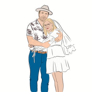 Pode incluir: Ilustra&ccedil;&atilde;o digital de um casal a abra&ccedil;ar-se. O homem usa chap&eacute;u, camisa estampada, cal&ccedil;as de ganga azuis e cinto castanho. A mulher usa um vestido branco e um v&eacute;u. A obra de arte &eacute; um desenho a tra&ccedil;o com preenchimentos de cor.