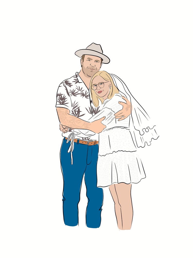 Pode incluir: Ilustra&ccedil;&atilde;o digital de um casal a abra&ccedil;ar-se. O homem usa chap&eacute;u, camisa estampada, cal&ccedil;as de ganga azuis e cinto castanho. A mulher usa um vestido branco e um v&eacute;u. A obra de arte &eacute; um desenho a tra&ccedil;o com preenchimentos de cor.