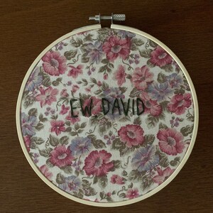 May include: A white embroidery hoop with a floral pattern and the text "EW DAVID" embroidered in black thread.