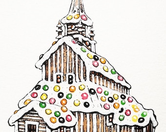 Gingerbread Stave Church | Original Artwork | Ink and watercolour | Painting | Drawing | Art | Syverart | Christmas |