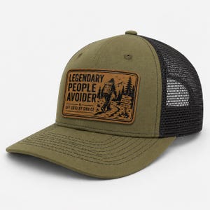 Funny Bigfoot Trucker Hat – Legendary People Avoider Leatherette Patch Hat, Off Grid Camping Gift for Dad