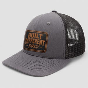 Built Different, Barely Hat, Funny Trucker Hat, Leatherette Patch Snapback, Sarcastic Gift for Him, Dad Hat, Men’s Gift
