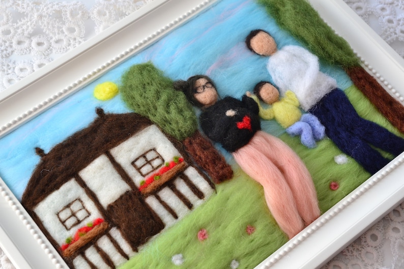 Custom made needle felted family portrait, wool peronalised gift, waldorf style illustration portrait, pregnancy announcement to husband image 5