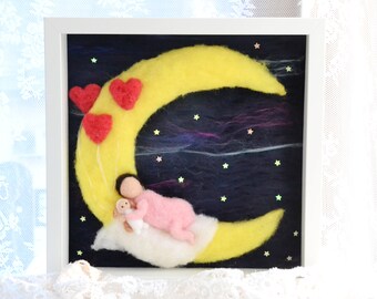 Newborn felded wool custom illustration, baby shower gift for baby girl