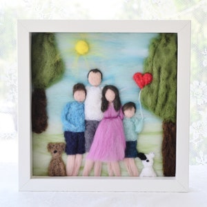 Custom made needle felted family portrait, wool peronalised gift, waldorf style illustration portrait, pet lovers gift