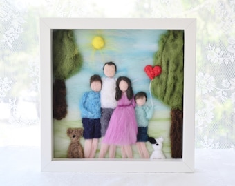 Custom made needle felted family portrait, wool peronalised gift, waldorf style illustration portrait, pet lovers gift