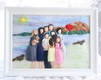 Needle felted wool family portrait, big family illustration, made from photo portrait